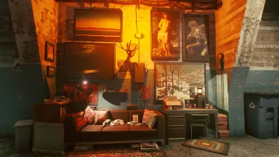 A warm amber-lit shelter interior with lockers and a workbench