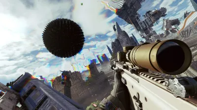 A player aiming a scoped rifle at a floating black spiked anomaly above a city