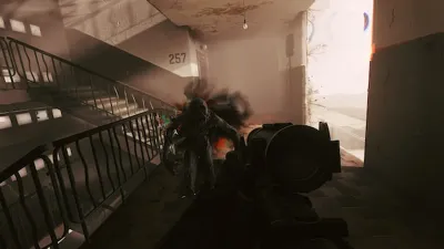 Dim industrial factory interior seen in first person