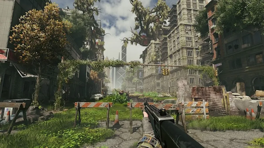 A player facing a tree covered in orange fungal growths in a ruined courtyard